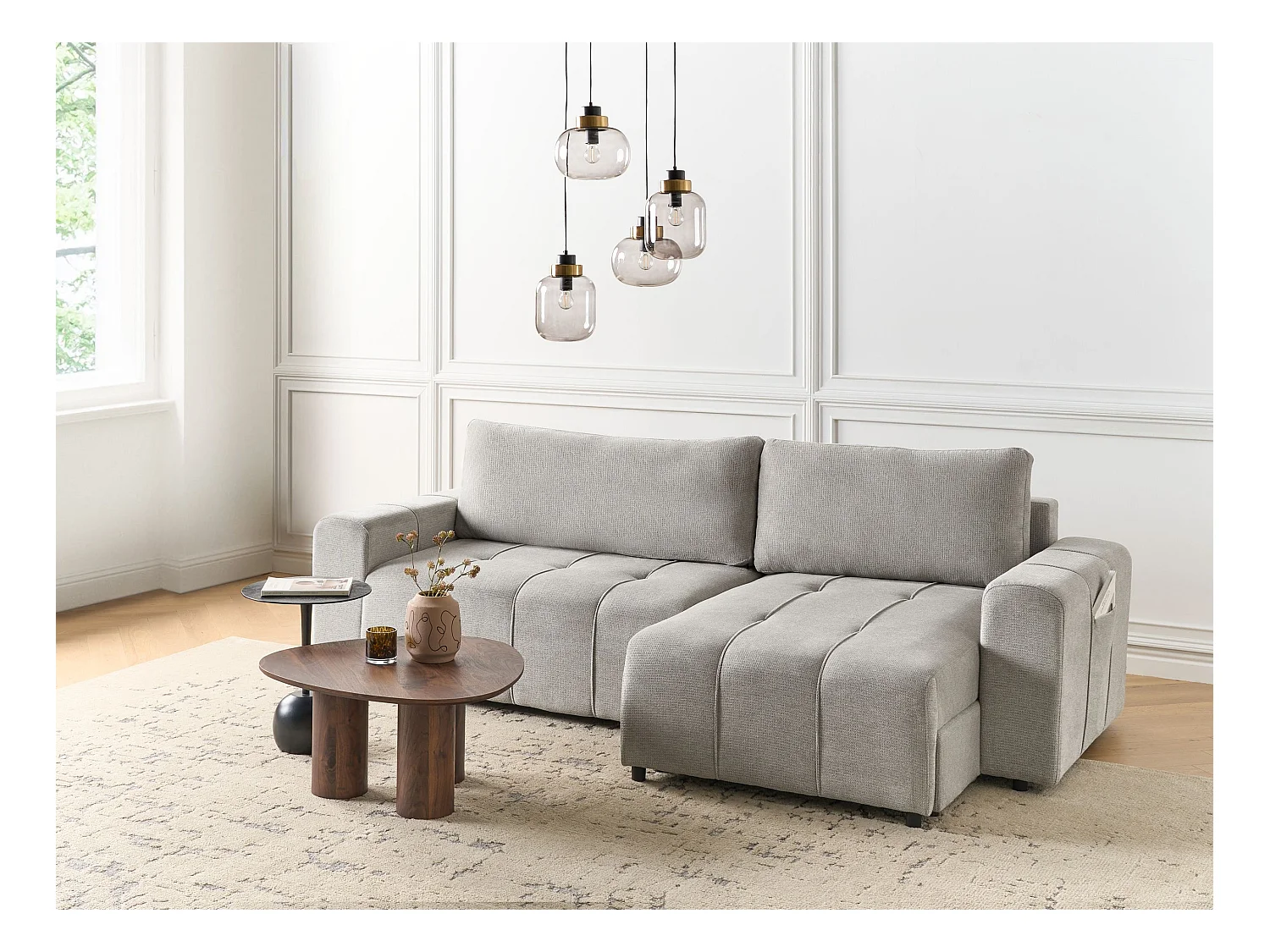 Canapé-lit d'angle 3 places INNVIK Tissu Gris clair avec rangement Côté droite