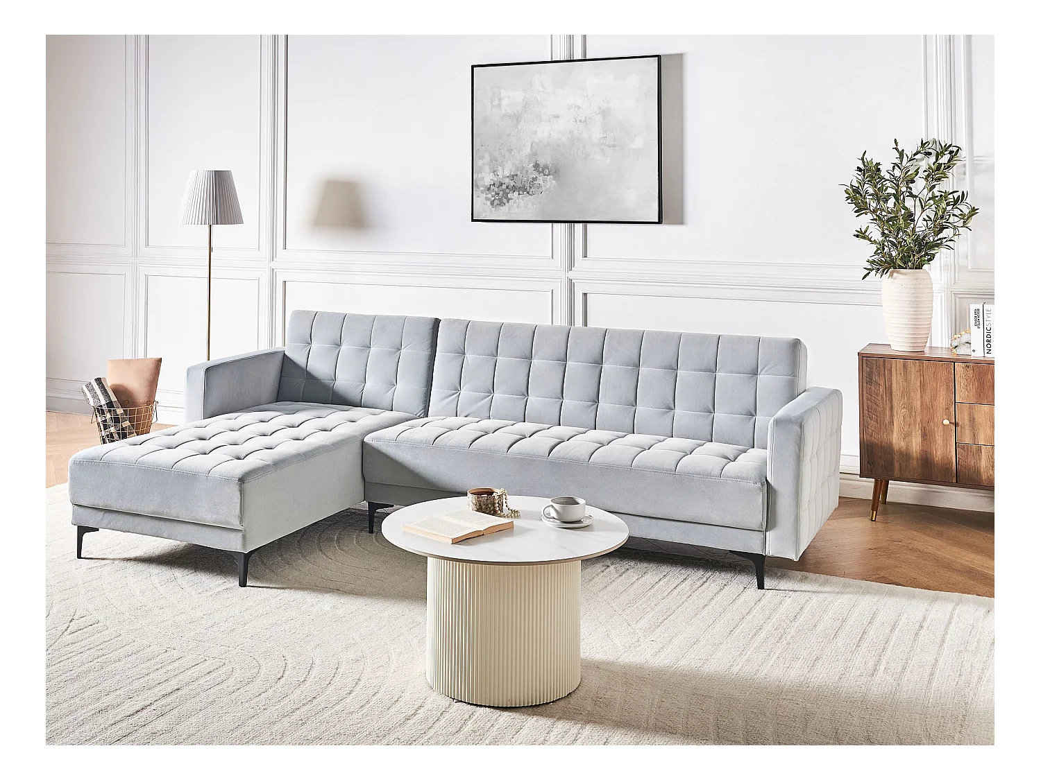 Canapé-lit d'angle modulable 4 places ABERDEEN Velours Gris clair Côté droit