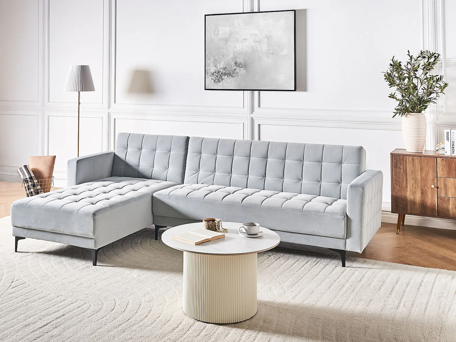 Canapé-lit d'angle modulable 4 places ABERDEEN Velours Gris clair Côté droit