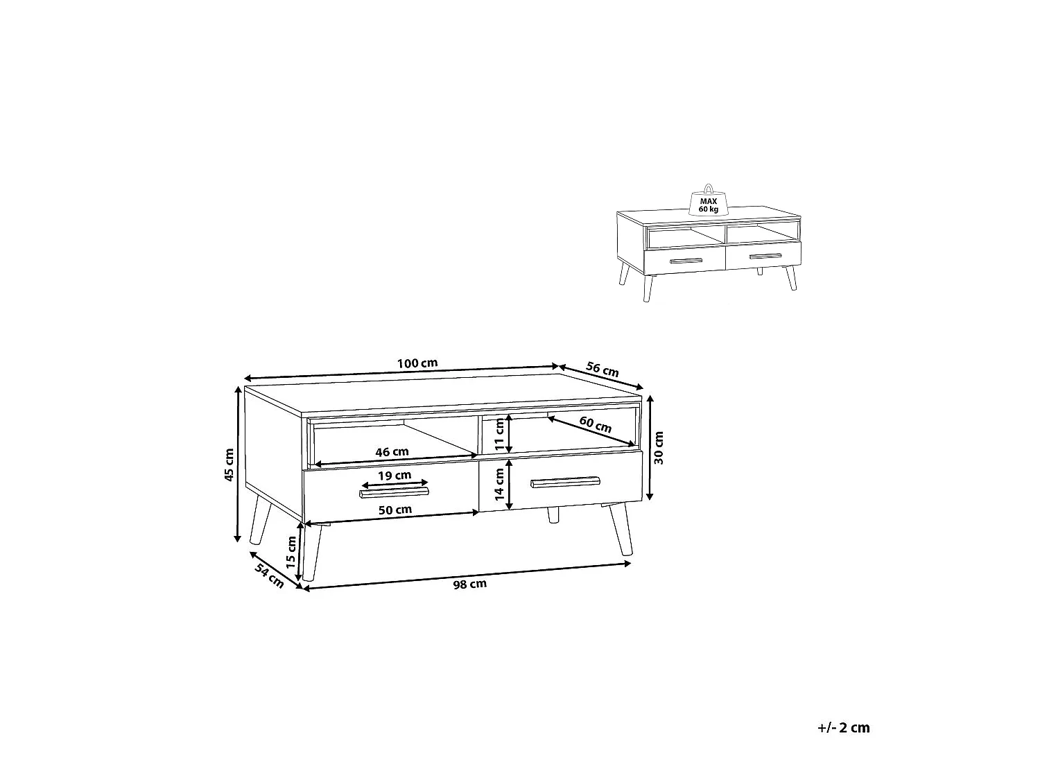Couchtisch mit 2 Fächern 2 Schubladen hellbraun/weiß rechteckig Holzbeine Alloa