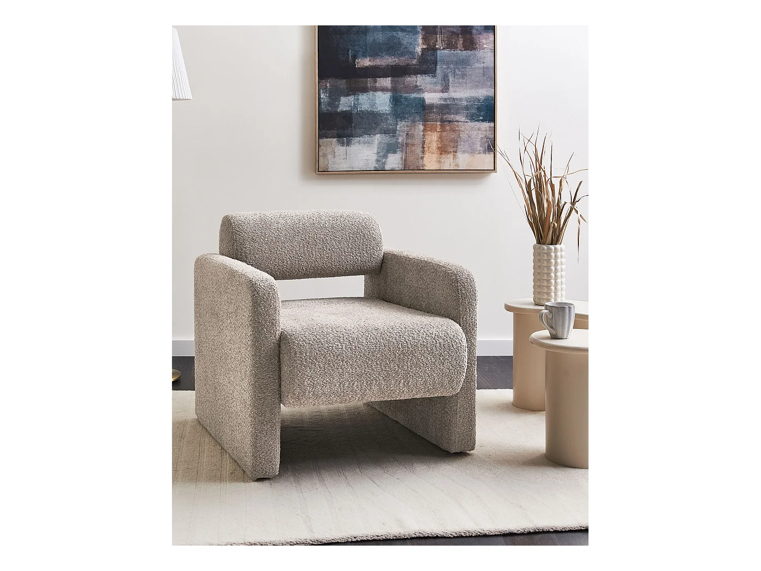 Bouclé Sessel im Retro-Stil Wohnzimmer Akzentstuhl Beige Taupe Hallsberg
