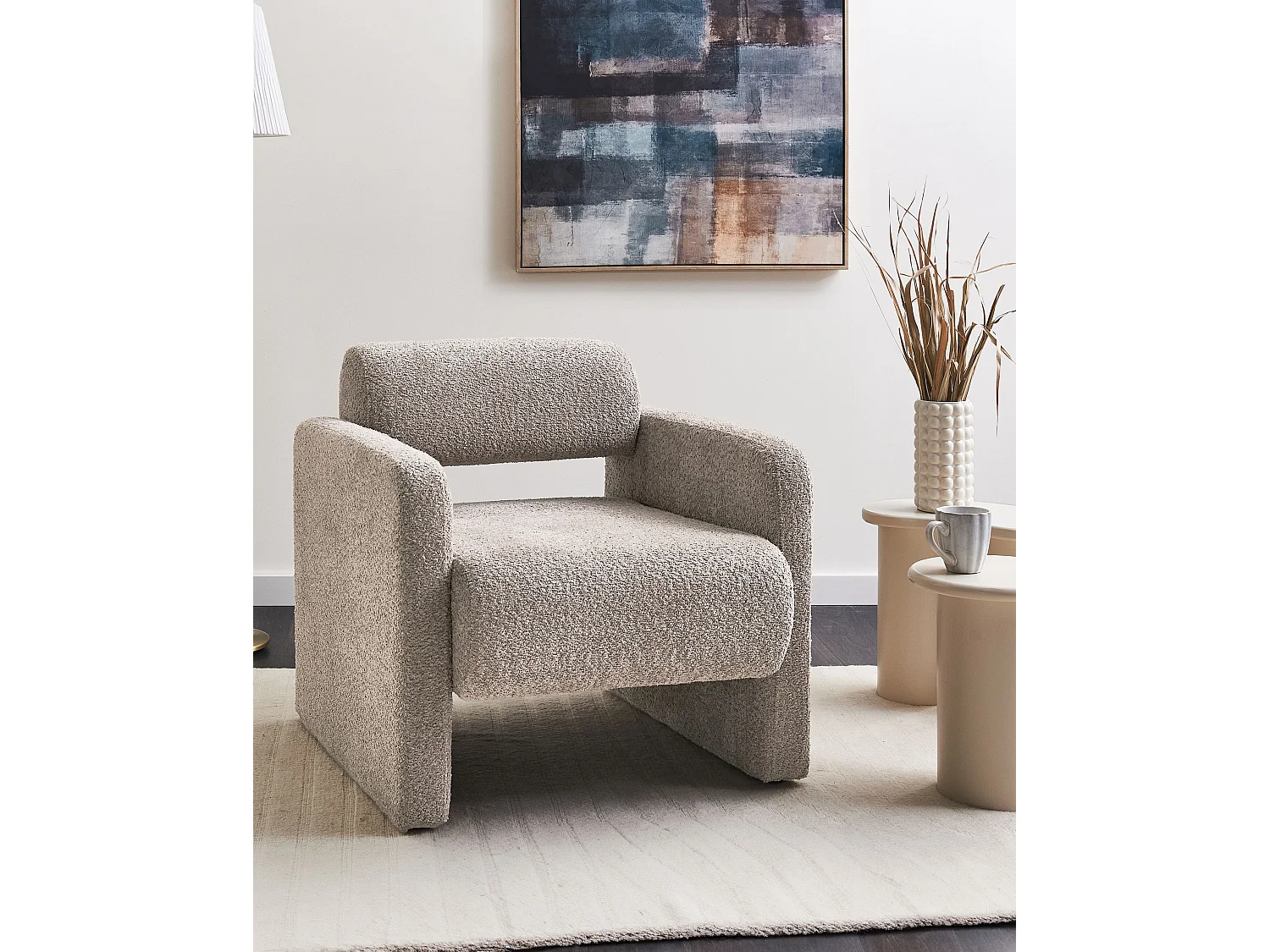 Bouclé Sessel im Retro-Stil Wohnzimmer Akzentstuhl Beige Taupe Hallsberg