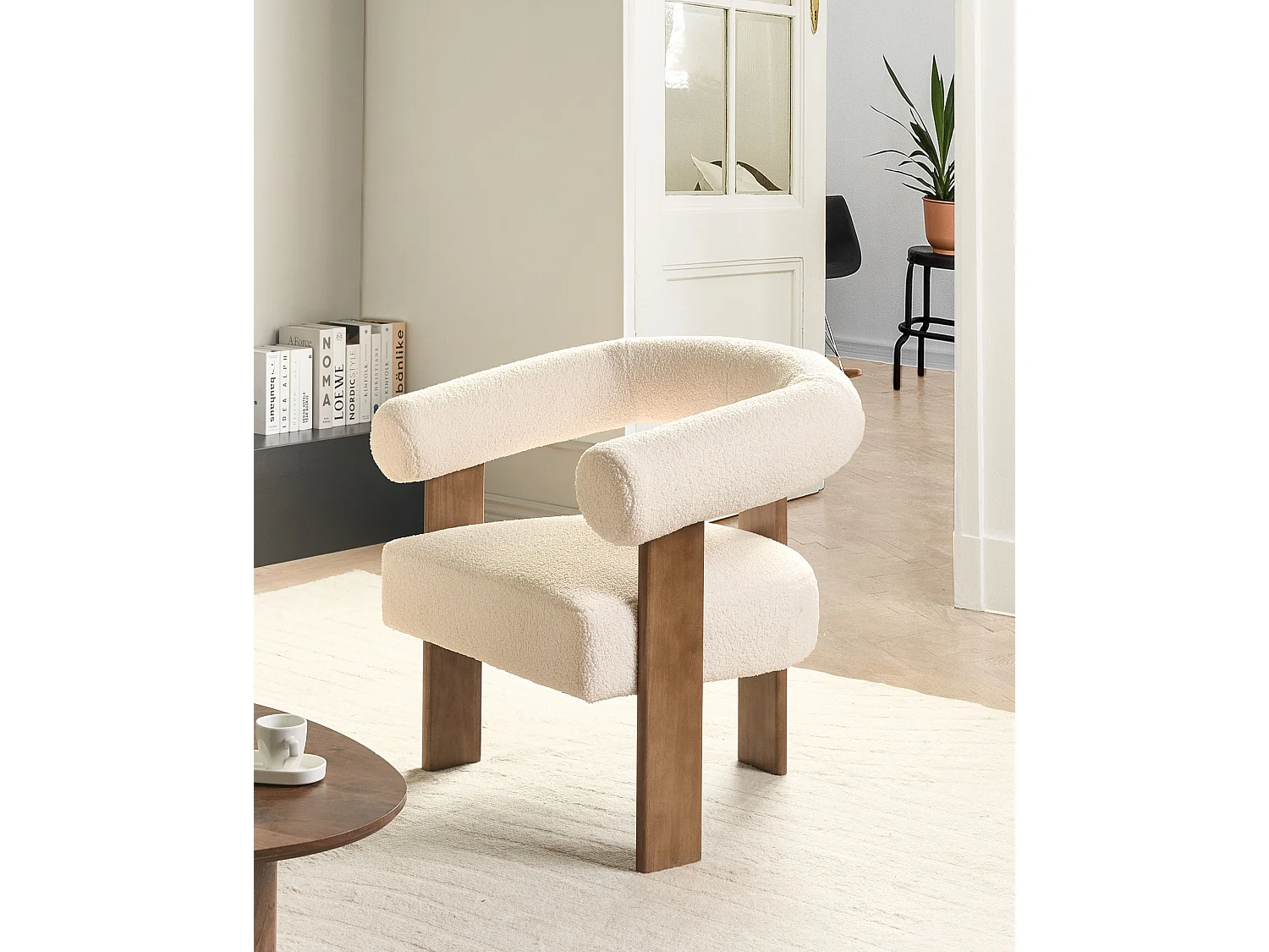 Fauteuil ILBRO Bouclé Blanc cassé/marron foncé