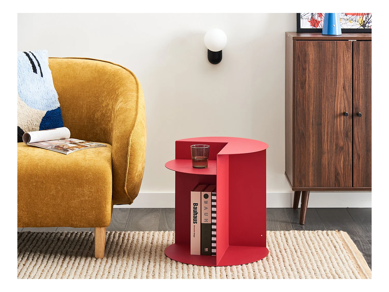 Beistelltisch Metall rund rot mit Ablage Taggart