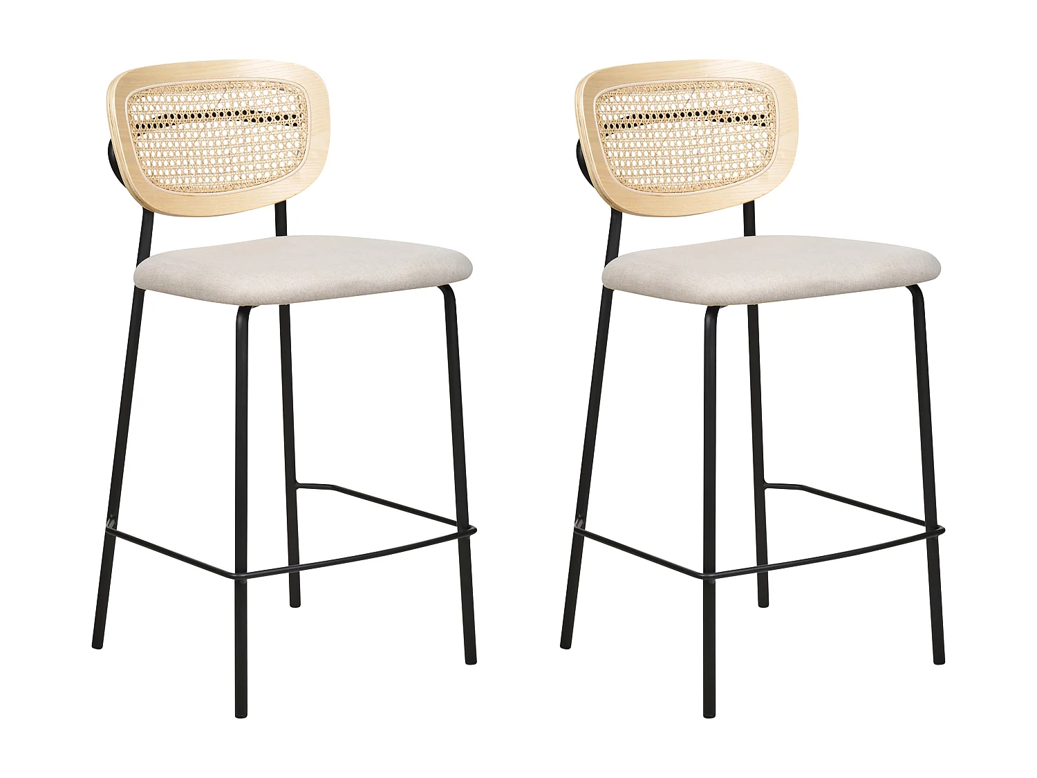 2er Set Moderne Barstühle Wiener Geflecht Rattan Rückenlehne Hocker Polyester Sitz ohne Armlehne Schwarze Beine Hellbeige Mayetta