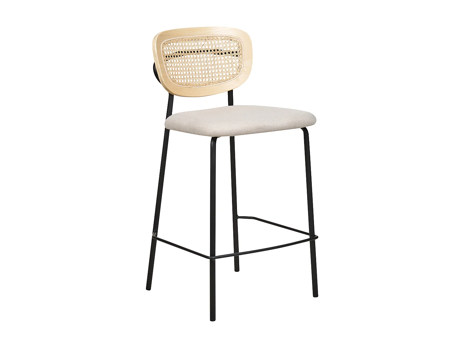 2er Set Moderne Barstühle Wiener Geflecht Rattan Rückenlehne Hocker Polyester Sitz ohne Armlehne Schwarze Beine Hellbeige Mayetta