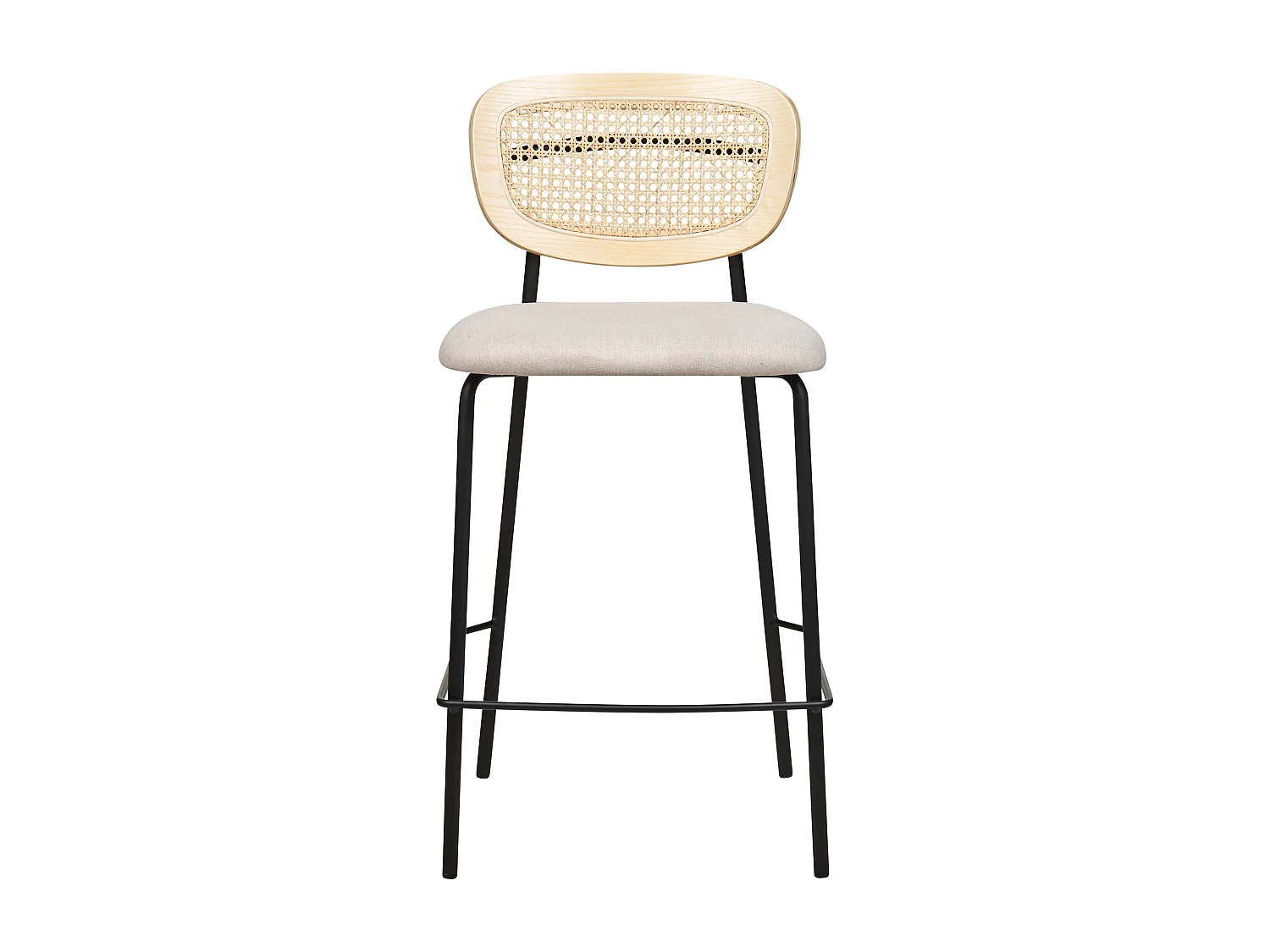 2er Set Moderne Barstühle Wiener Geflecht Rattan Rückenlehne Hocker Polyester Sitz ohne Armlehne Schwarze Beine Hellbeige Mayetta