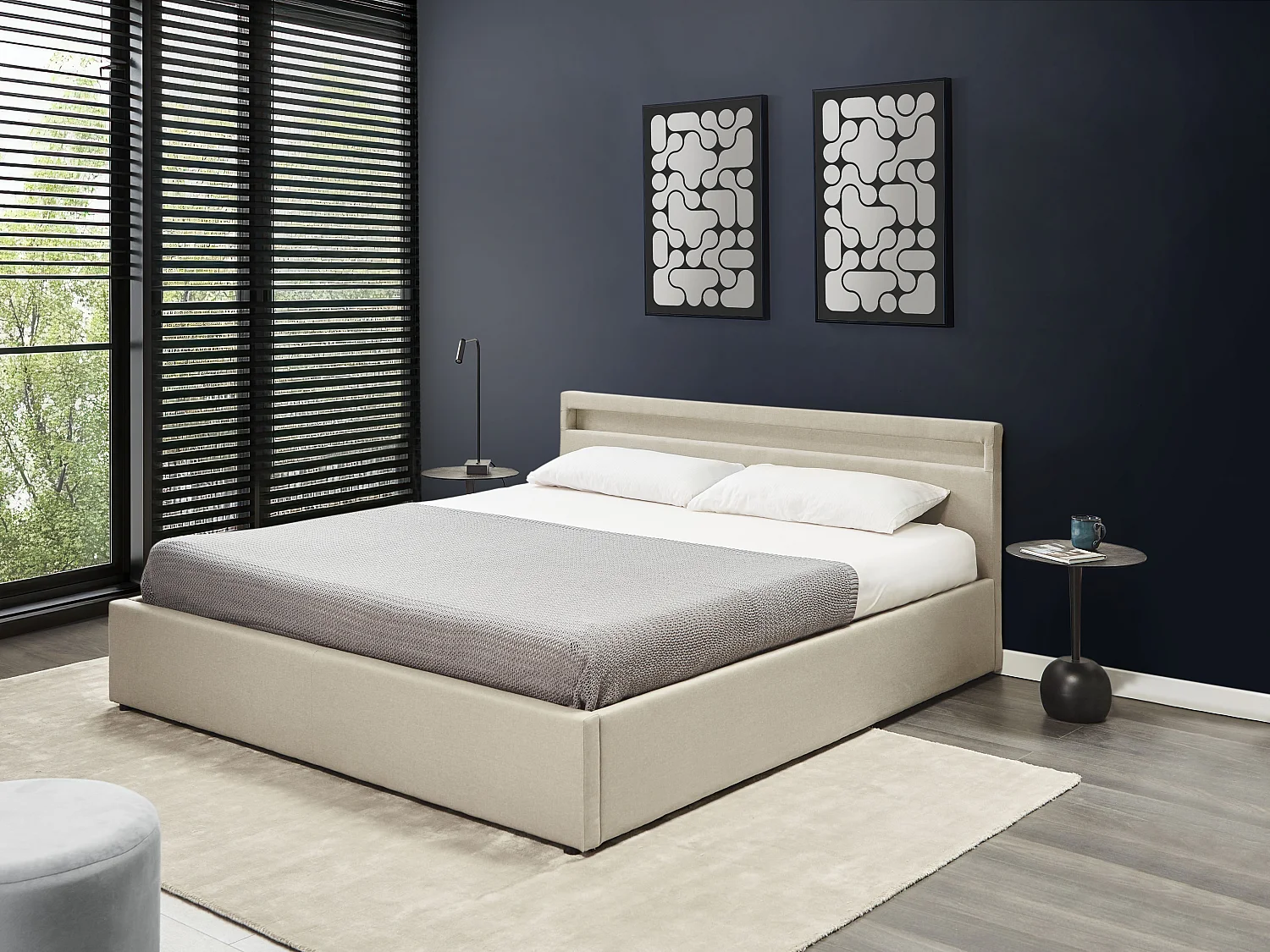 Ottoman Bed with LED ARMELLE Fabric Beige 180 x 200 cm (EU Super King)