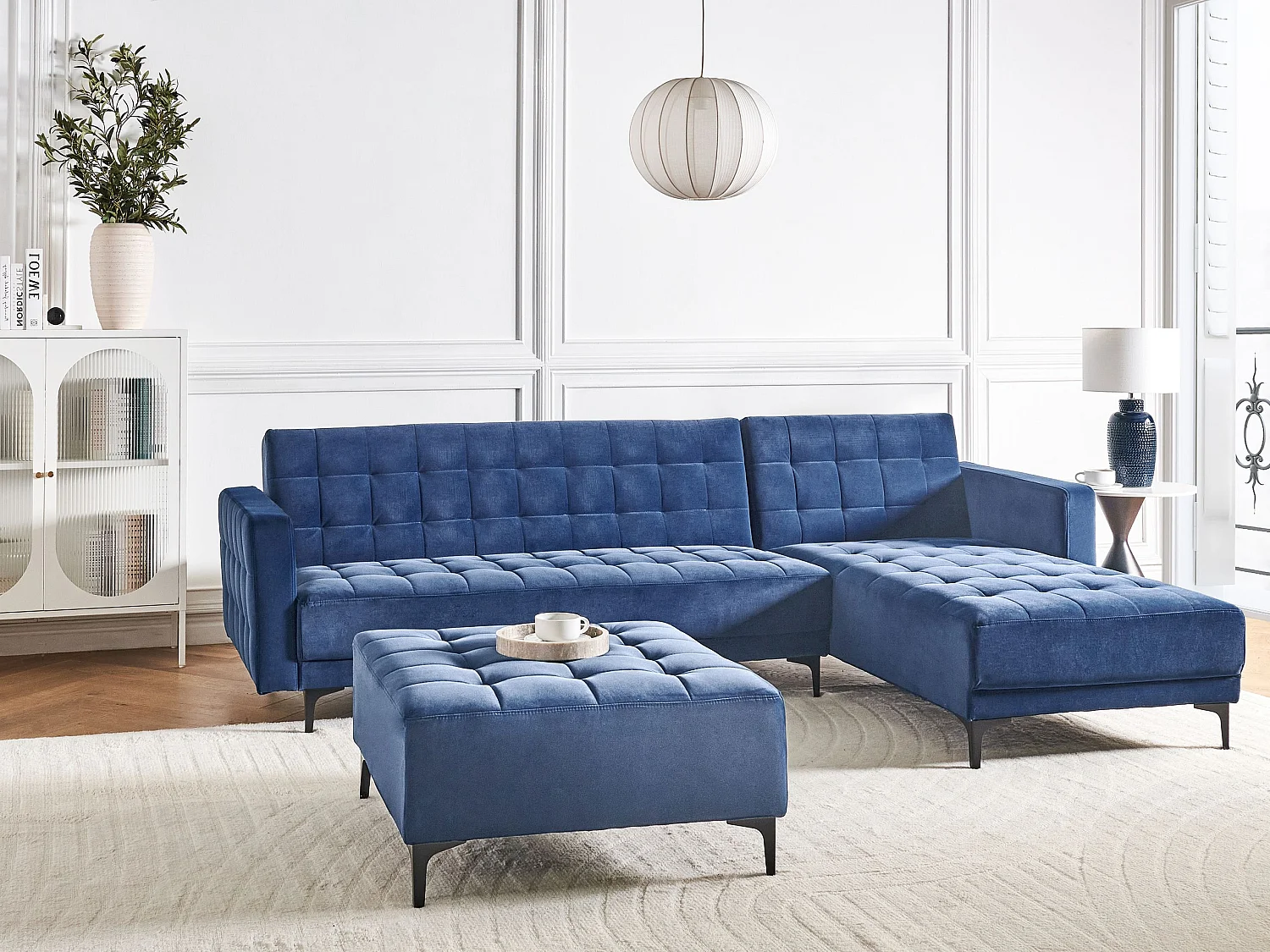 Canapé-Lit d'Angle à droite 4 Places avec Ottoman Dossier Réglable en Velours Bleu Aberdeen