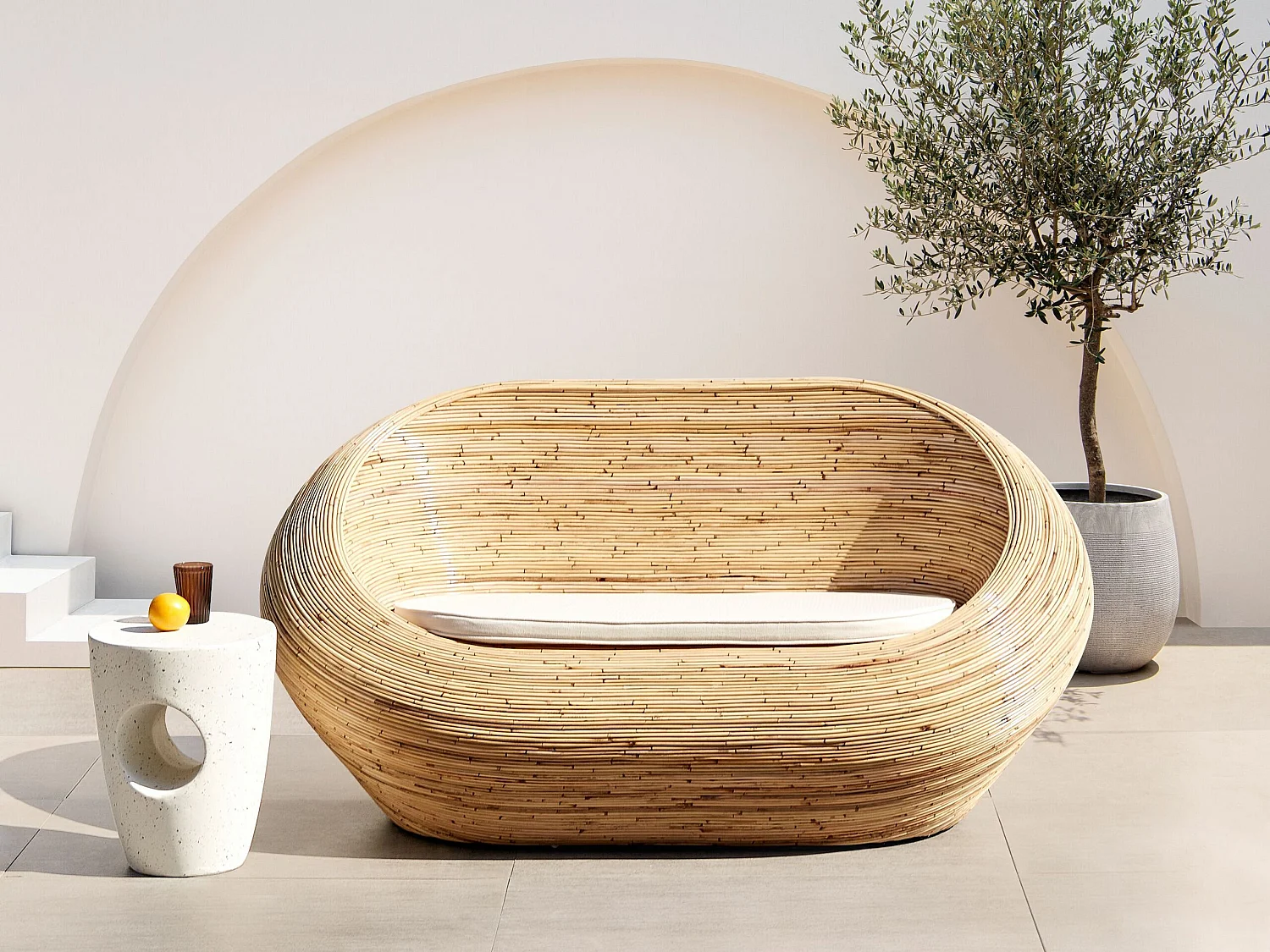 2-Sitzer Nest Gartensofa Rattan natürlich oval mit Kissen Out- & Indoor Maiori