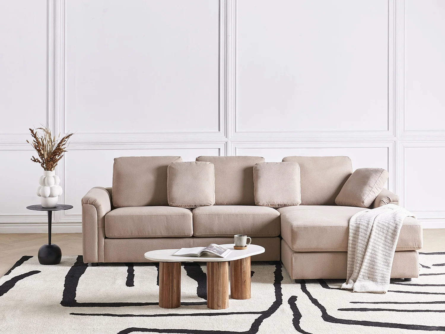 Canapé d'Angle à droite Moderne en Tissu Pieds en Plastique Taupe Kohlo