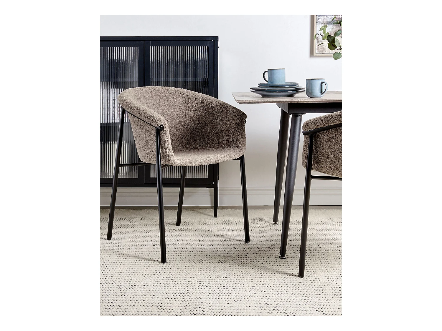 Esszimmerstuhl 2er Set Bouclé beige taupe mit Metallbeinen schwarz modern Ames