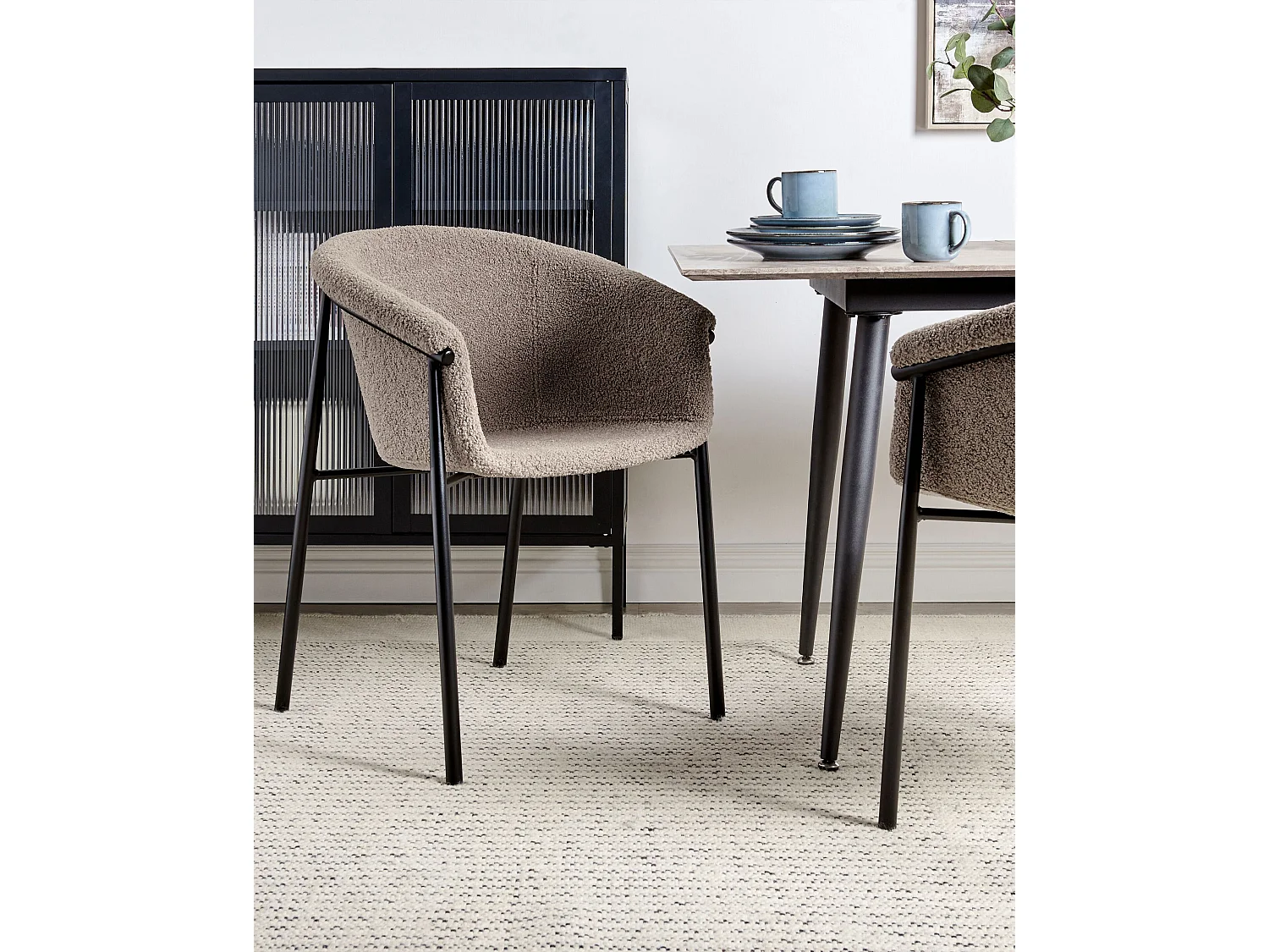 Esszimmerstuhl 2er Set Bouclé beige taupe mit Metallbeinen schwarz modern Ames