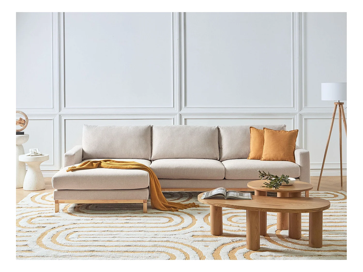 Canapé d'Angle à gauche en Tissu Pieds en Bois Beige Siggard