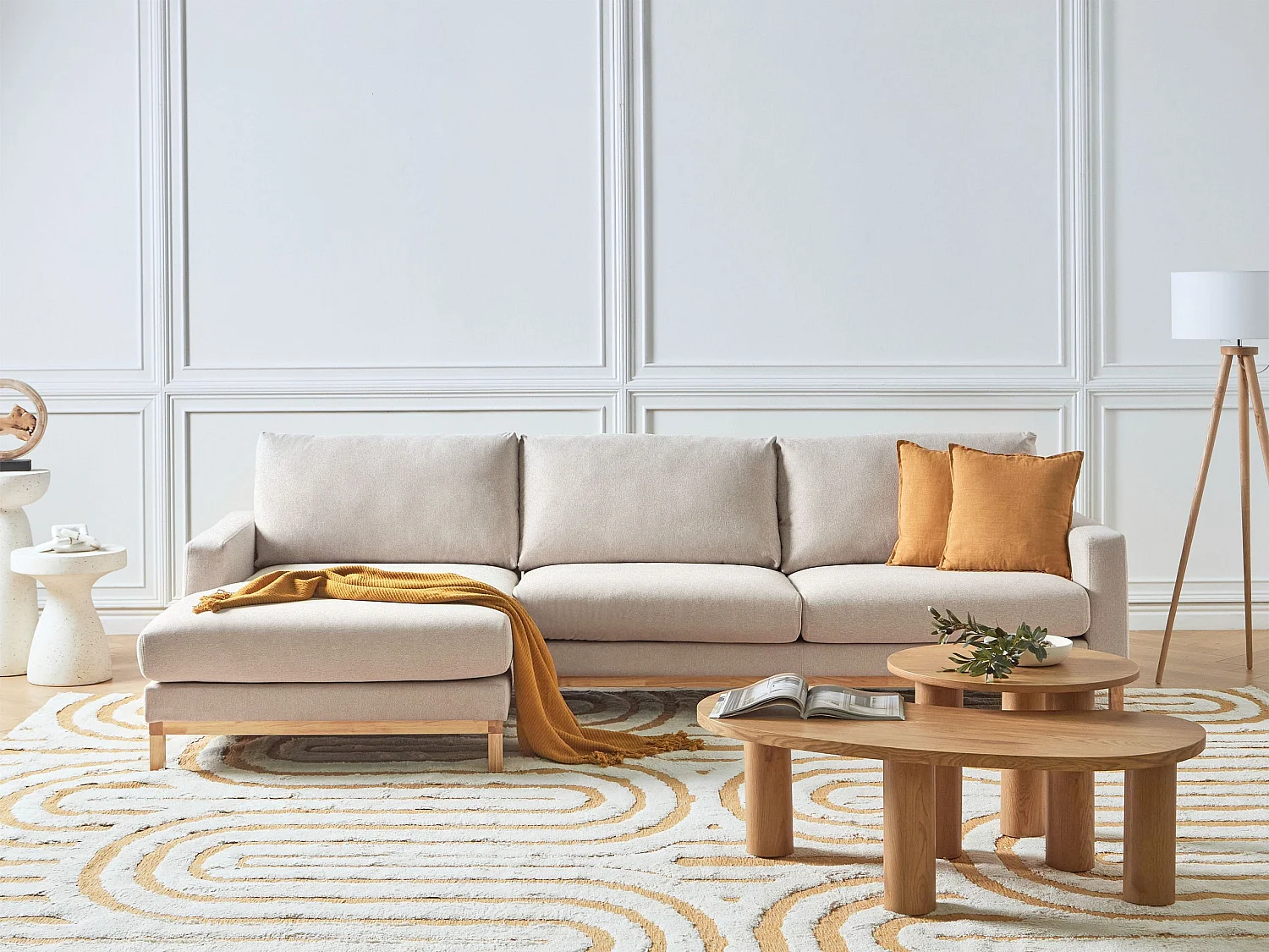 4-Sitzer Ecksofa Stoffbezug Beige rechts mit Sitzkissen Holzbeinen Siggard