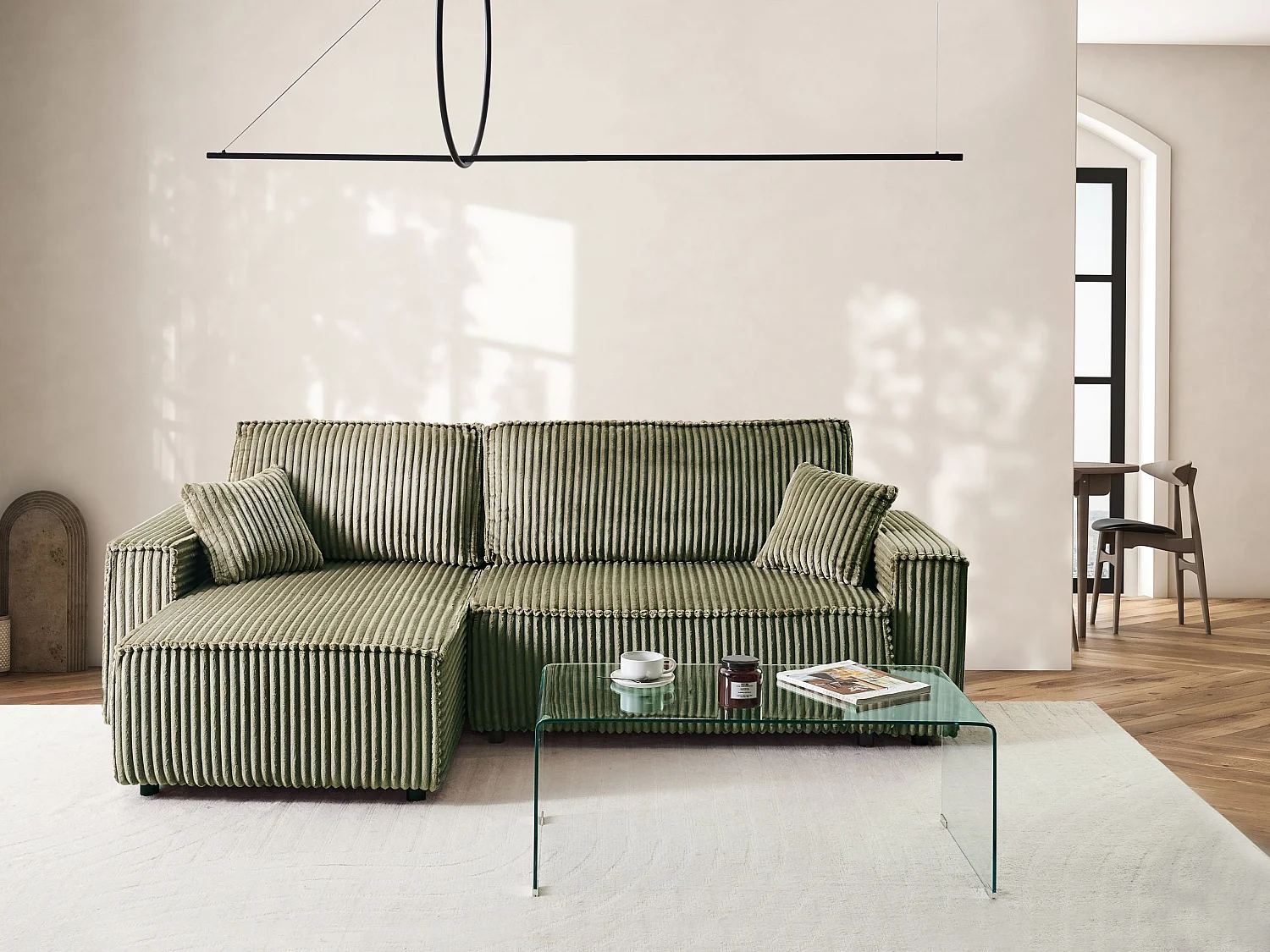 2-Sitzer Ecksofa Cord grün L-Form mit Schlaffunktion Chaiselongue rechts Abacka