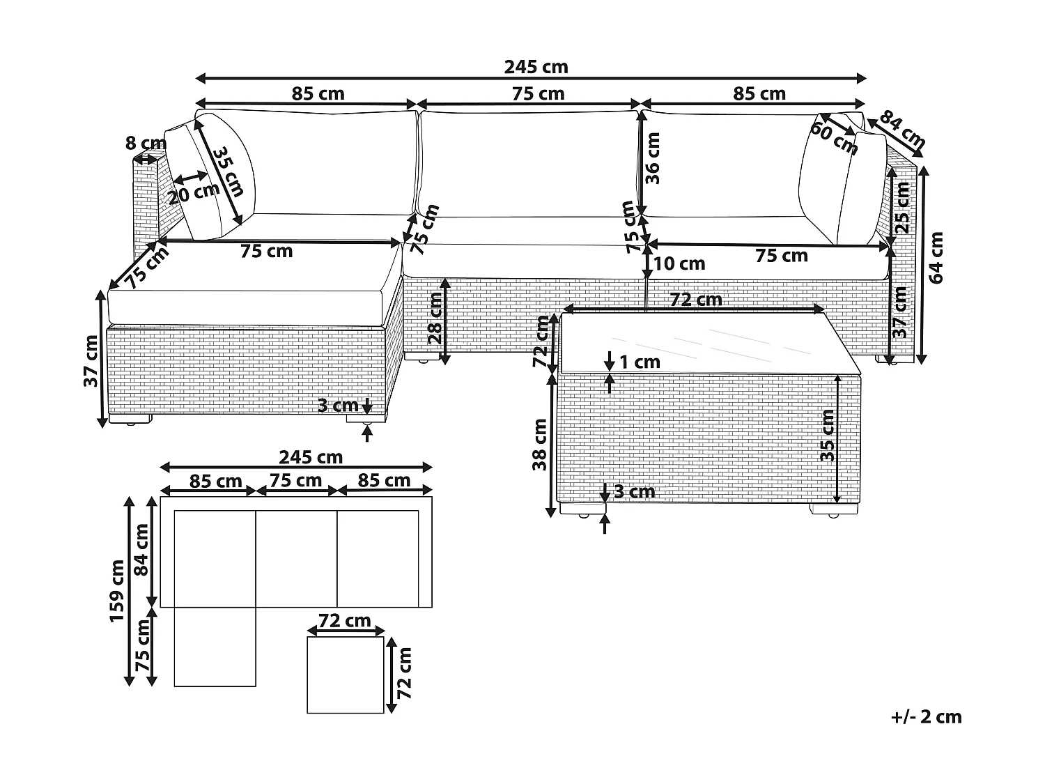 Exklusives Gartenmöbel 4er Set aus Rattan weiß / sandbeige rechtsseitig Sano II