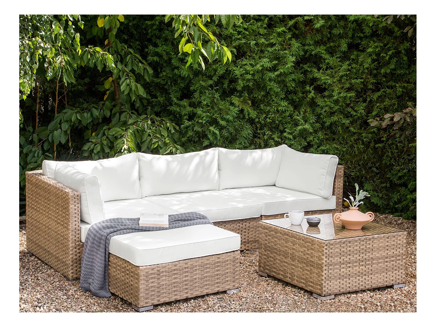 Narożnik ogrodowy ze stolikiem dla 4 osób SANO Prawostronny Modułowy Technorattan Naturalny