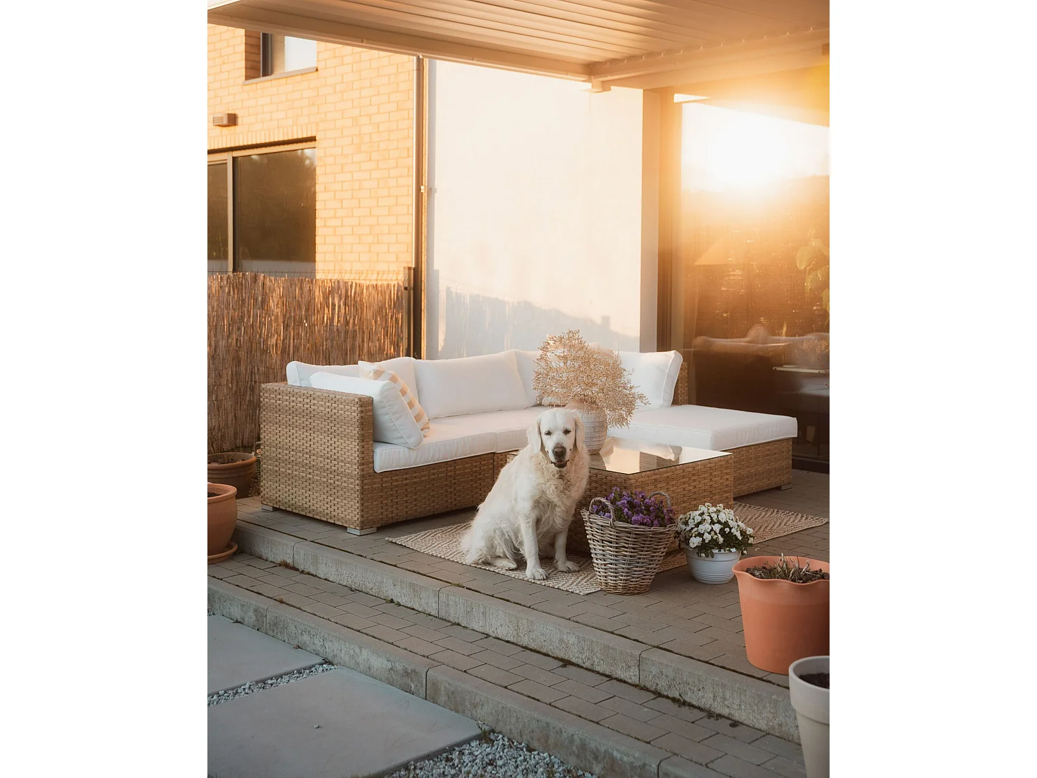Garden Corner Sofa with Table 4 Seater SANO Right Hand Natural PE Rattan Modular