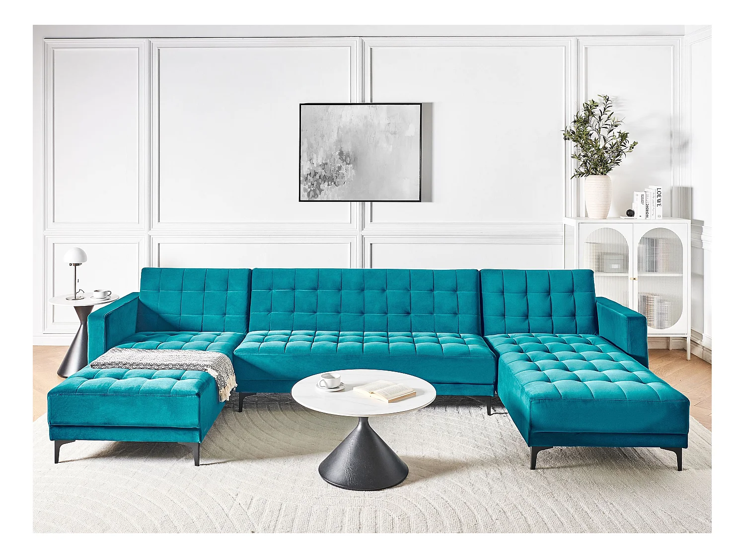 Canapé-lit modulable en forme de U 5 places ABERDEEN Velours Bleu azur