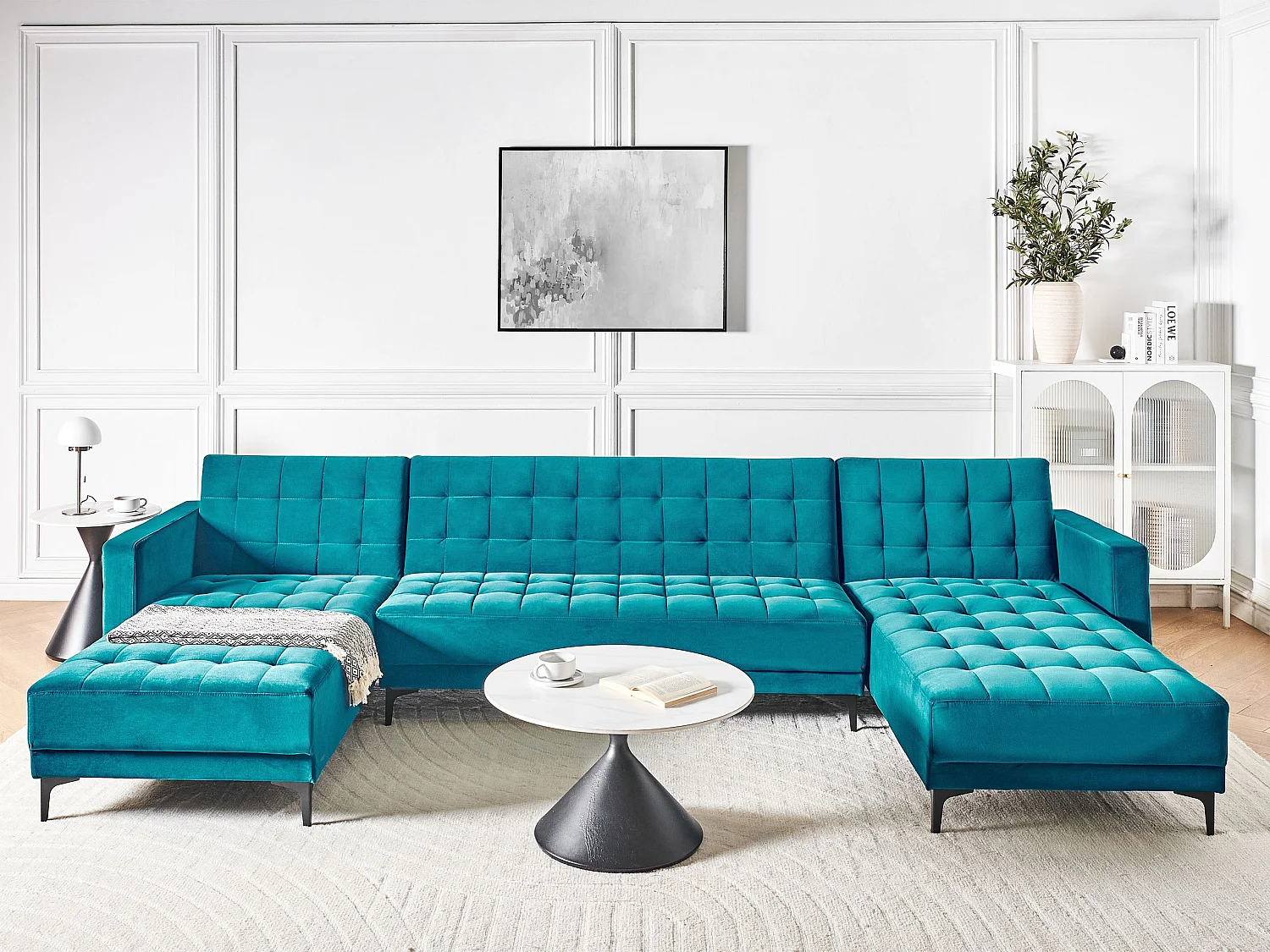 Canapé-lit modulable en forme de U 5 places ABERDEEN Velours Bleu azur