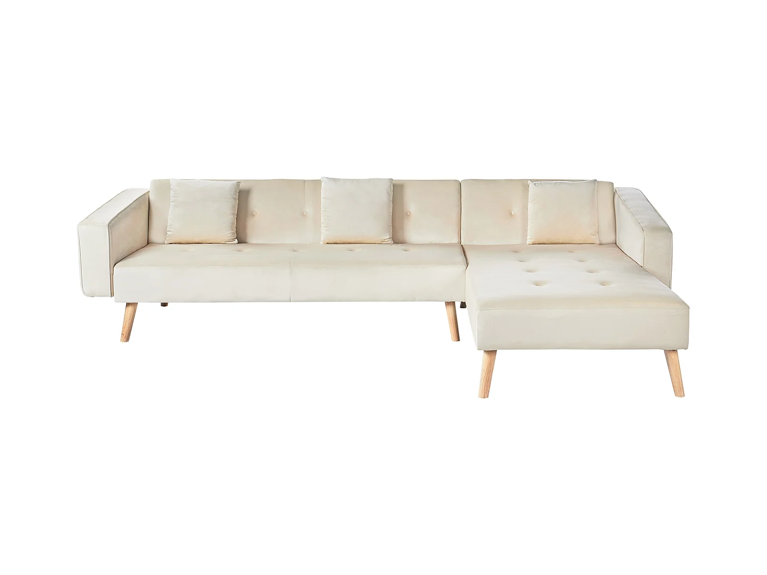 Canapé d'Angle à droite Fonction Couchage en Velours Capitonné Beige Clair Vadso