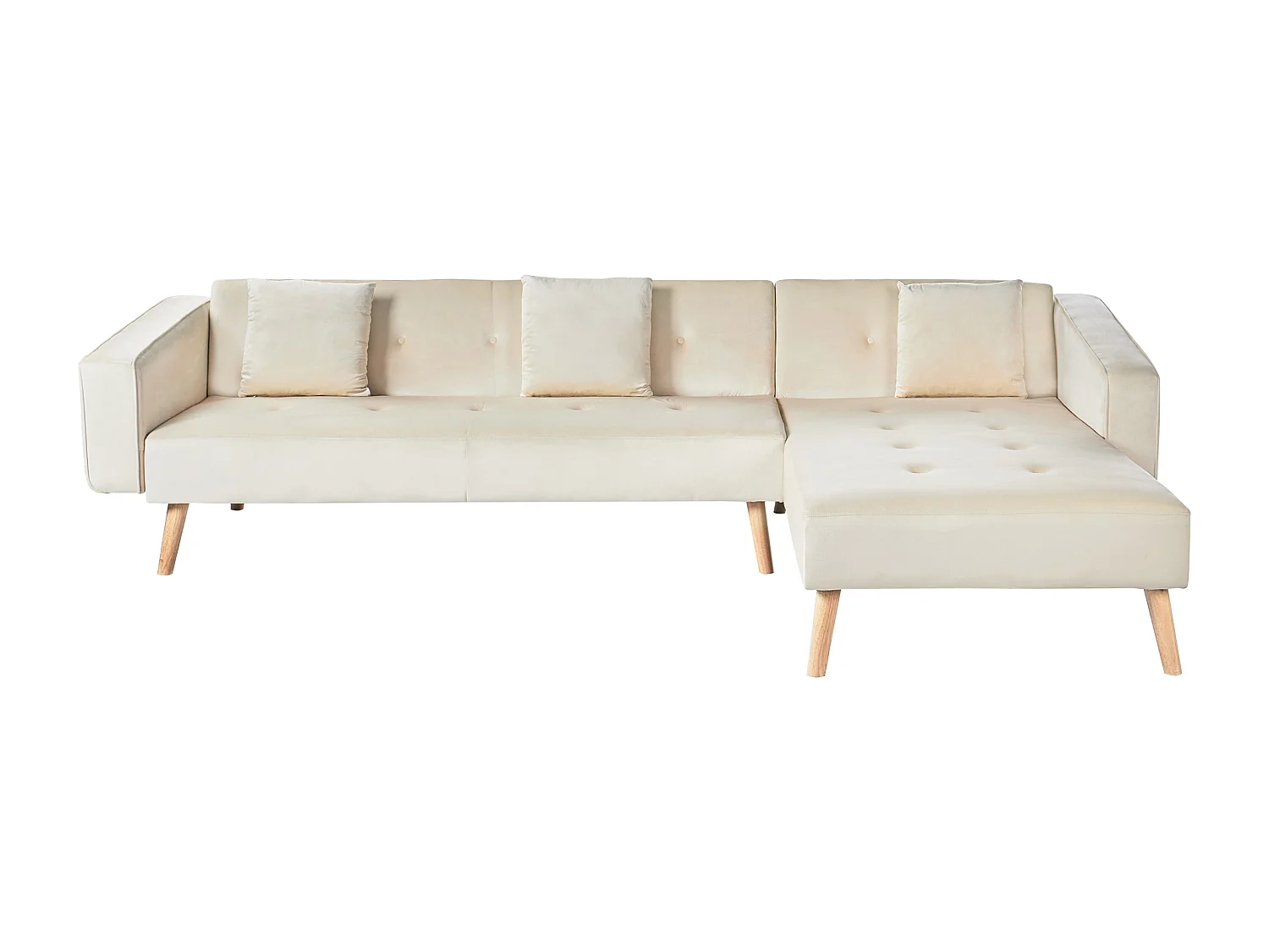 Canapé d'Angle à droite Fonction Couchage en Velours Capitonné Beige Clair Vadso