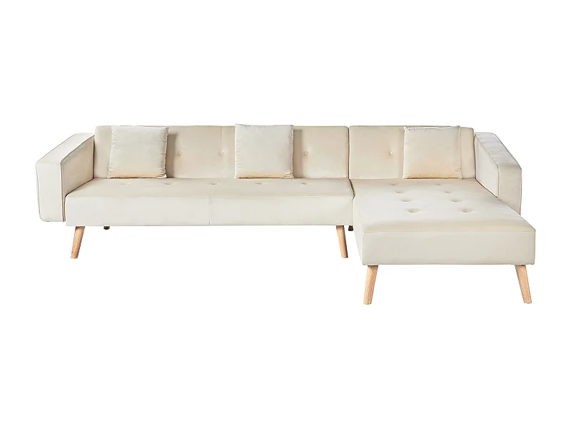 Canapé d'Angle à droite Fonction Couchage en Velours Capitonné Beige Clair Vadso