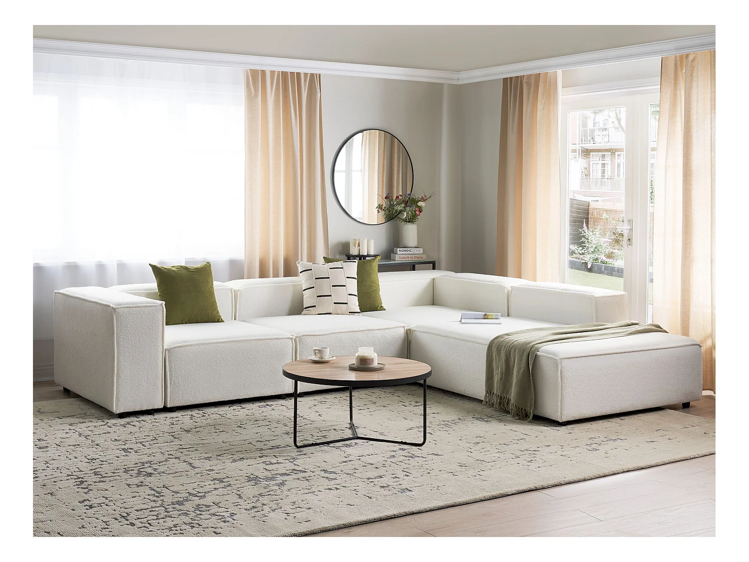 Modul Ecksofa APRICA Bouclé Weiss 4-Sitzer linksseitig