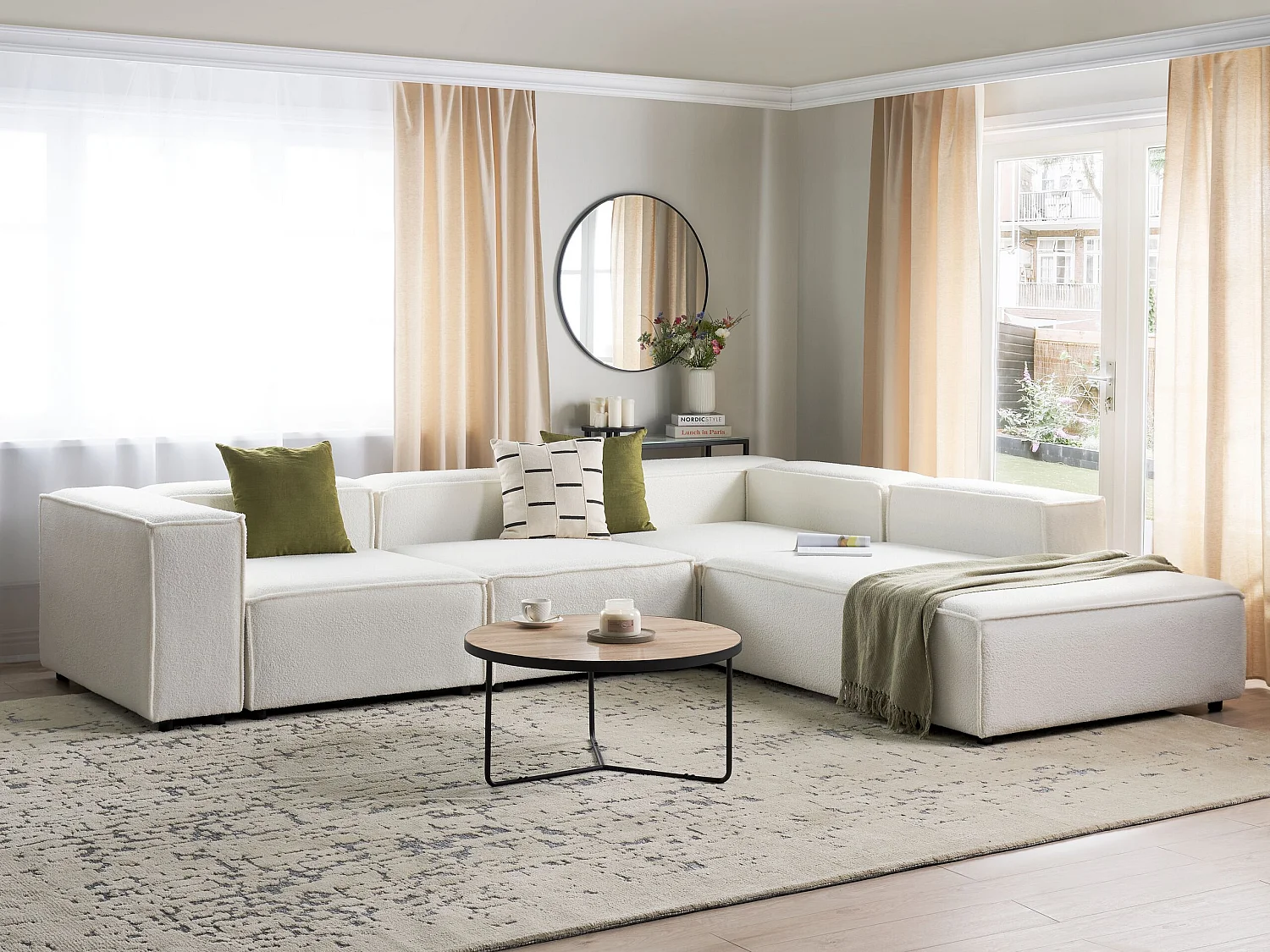 Modul Ecksofa APRICA Bouclé Weiss 4-Sitzer linksseitig