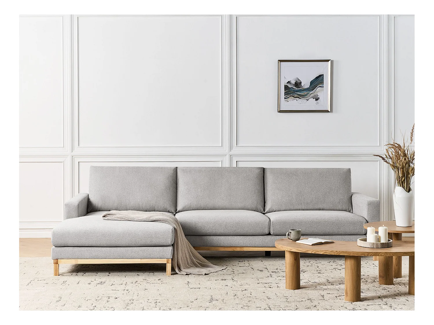 4-Sitzer Ecksofa Stoffbezug Grau rechts mit Sitzkissen Holzbeinen Siggard