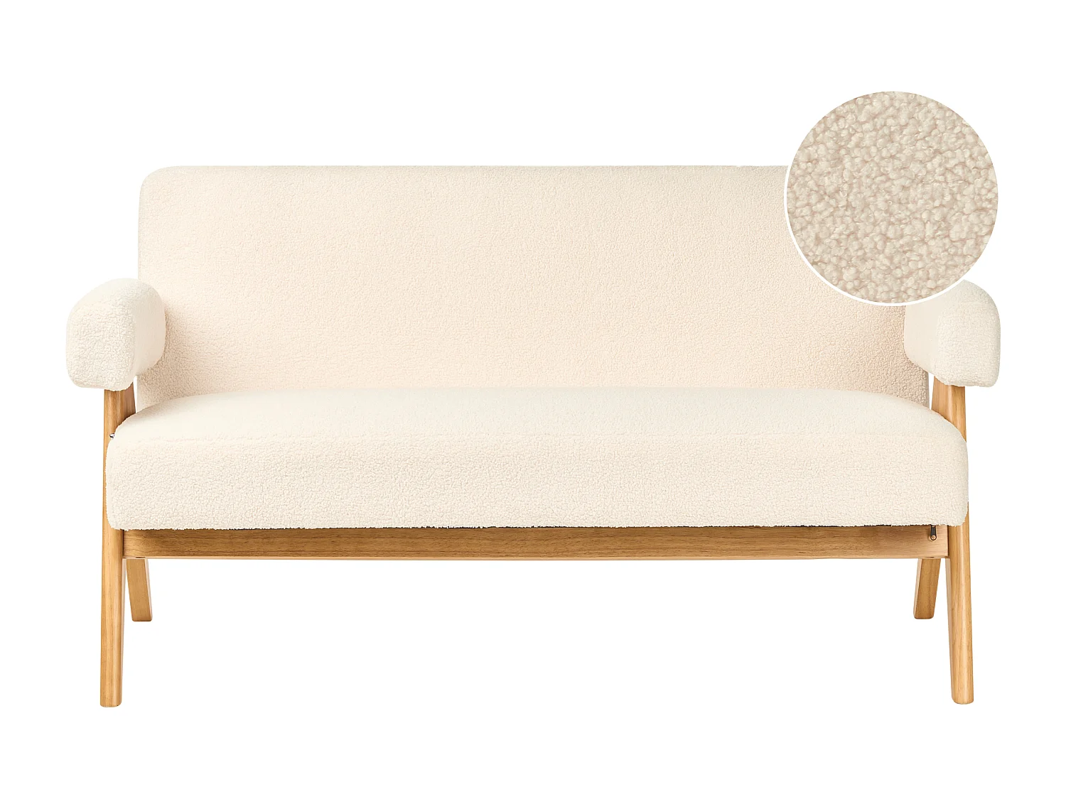 2-Sitzer Sofa Bouclé cremeweiß mit Armlehnen Holzbeinen hellbraun Retro Tamre