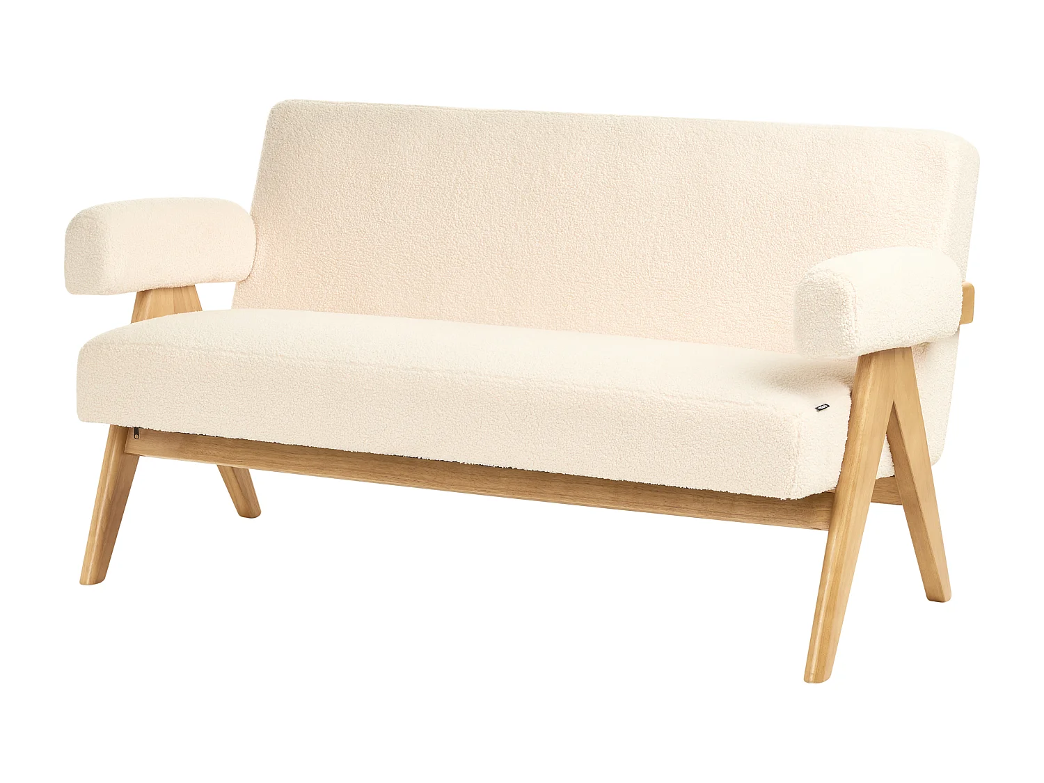 2-Sitzer Sofa Bouclé cremeweiß mit Armlehnen Holzbeinen hellbraun Retro Tamre