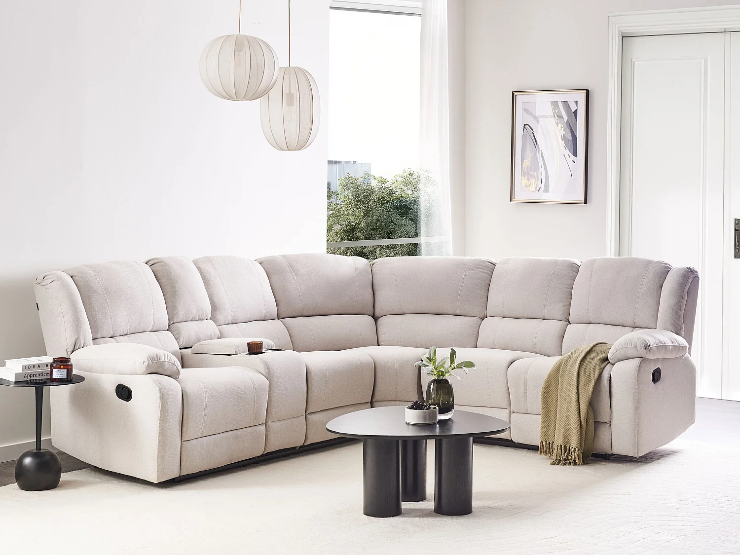 Sofá de canto reclinável manual ROKKE Tecido Creme claro 5 lugares à esquerda