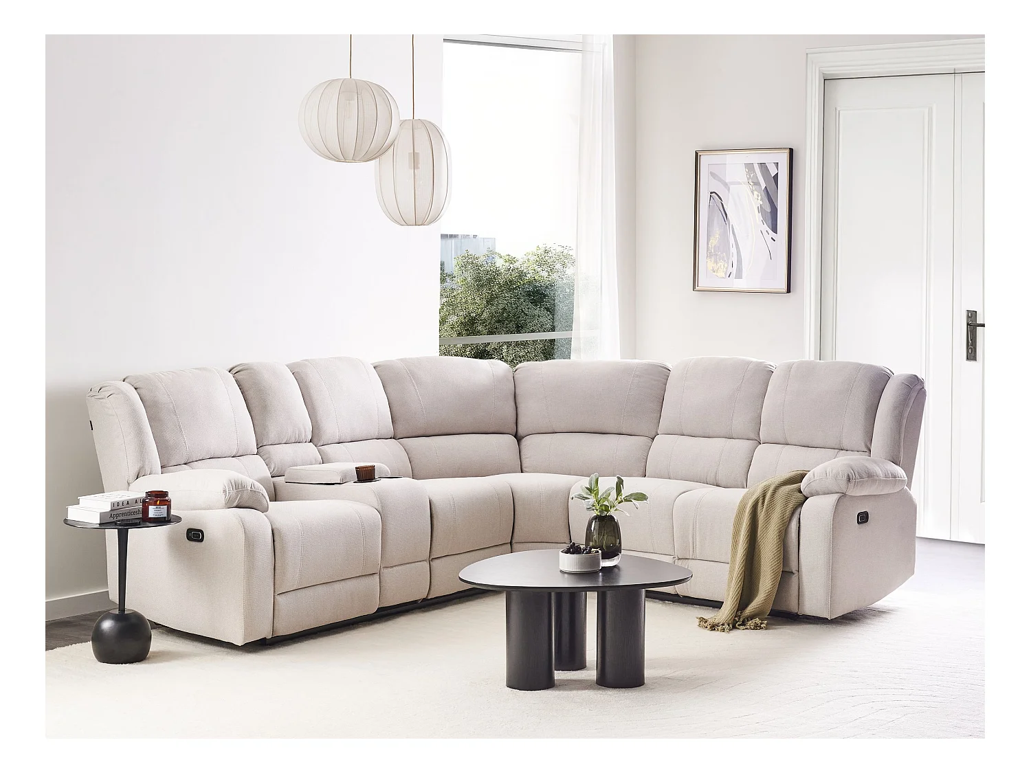 Canapé d'Angle Inclinable Électriquement en Tissu 5 Places avec Porte-Gobelets Chargeur USB Beige Clair Rokke