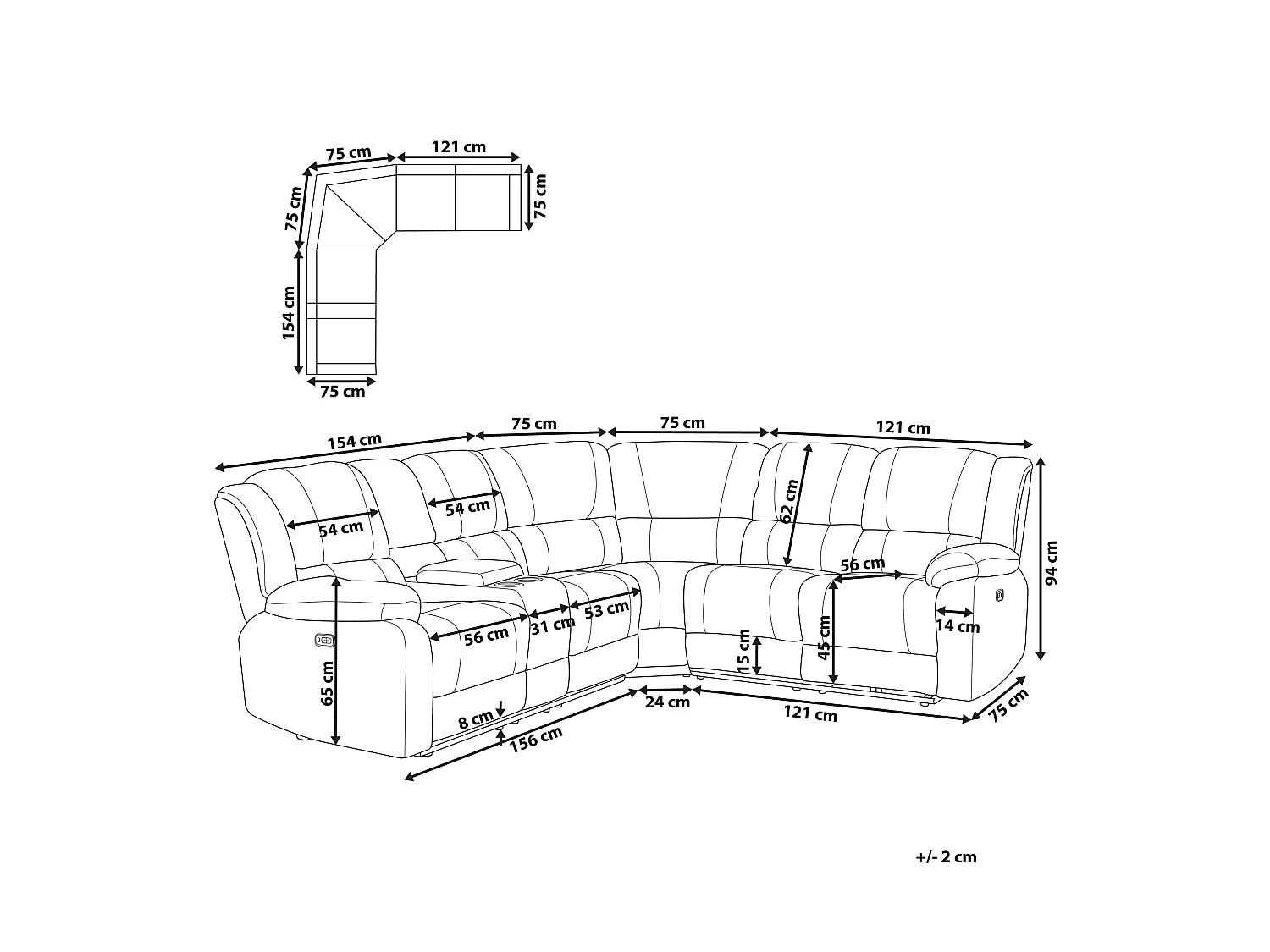 Canapé d'Angle Inclinable Électriquement en Tissu 5 Places avec Porte-Gobelets Chargeur USB Beige Clair Rokke