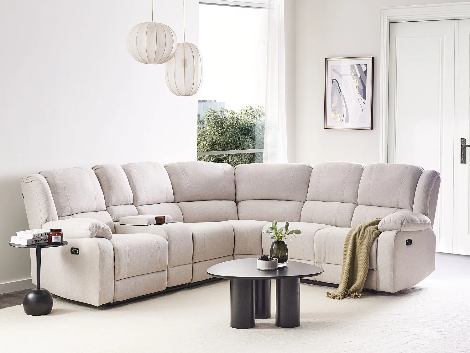 Canapé d'Angle Inclinable Électriquement en Tissu 5 Places avec Porte-Gobelets Chargeur USB Beige Clair Rokke