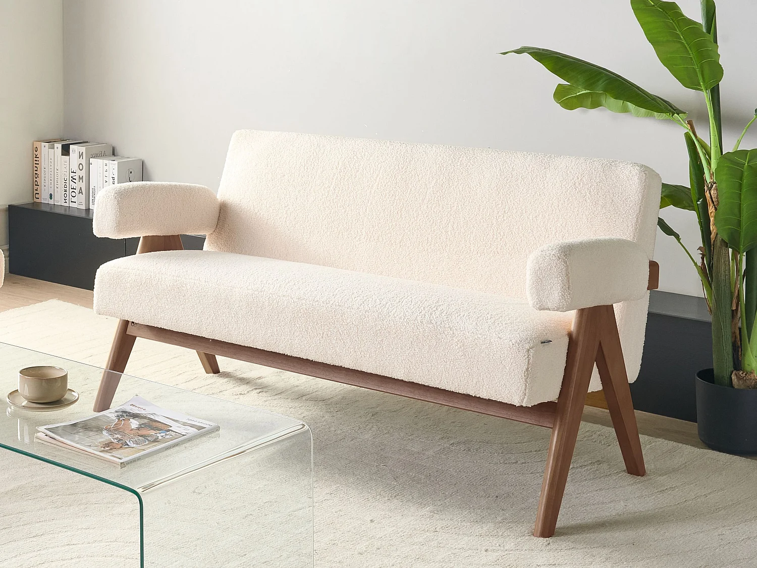 Canapé 2 places TAMRE Bouclé Blanc cassé/marron foncé