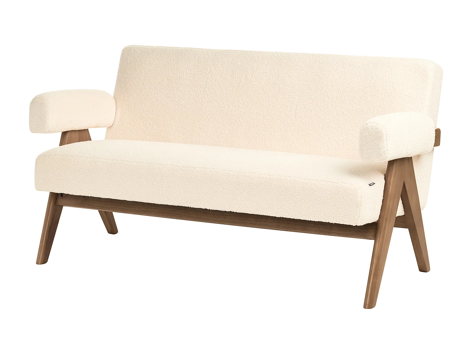 2-Sitzer Sofa Bouclé cremeweiß mit Armlehnen Holzbeinen dunkelbraun Retro Tamre