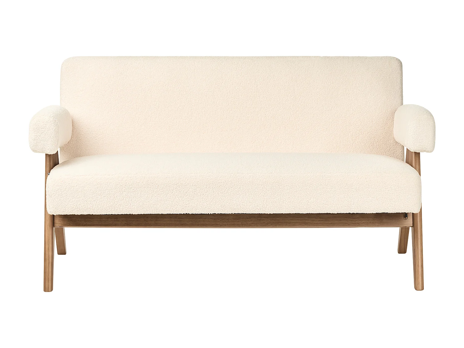 2-Sitzer Sofa Bouclé cremeweiß mit Armlehnen Holzbeinen dunkelbraun Retro Tamre