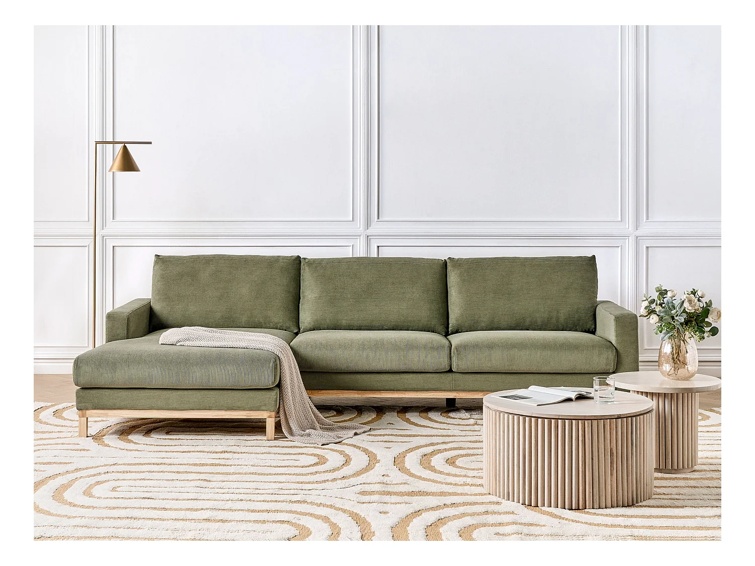 Canapé d'Angle à gauche en Velours Côtelé Pieds en Bois Vert Siggard