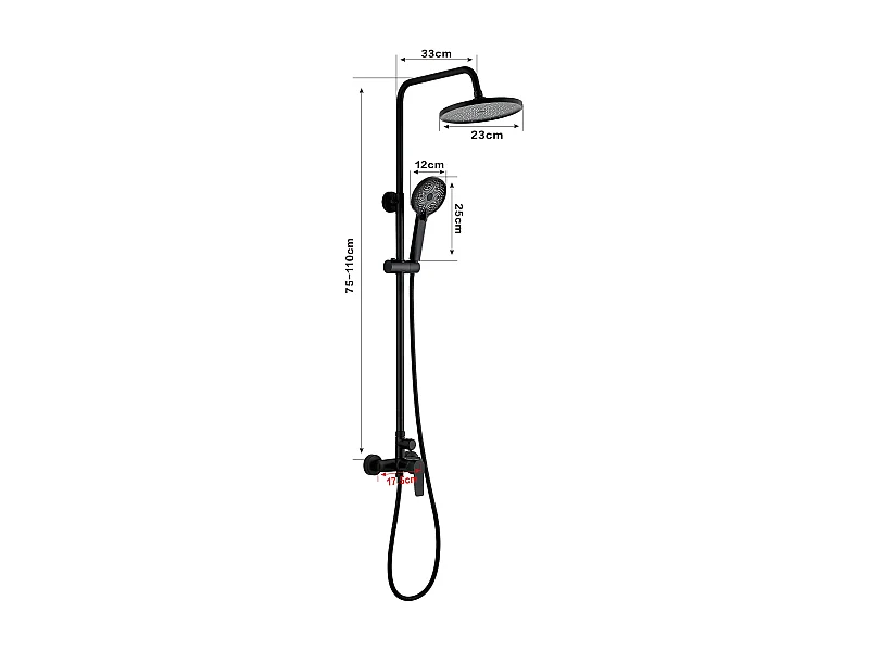 Colonne de douche avec tête de douche ronde et manchette en ABS avec 3 jets, Noir