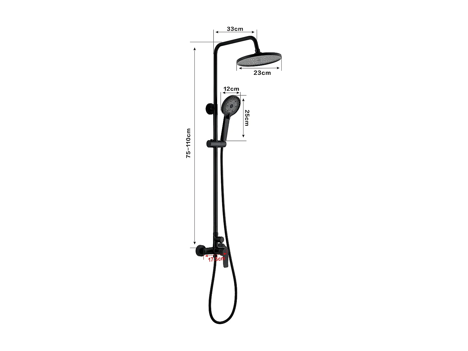 Colonne de douche avec tête de douche ronde et manchette en ABS avec 3 jets, Noir