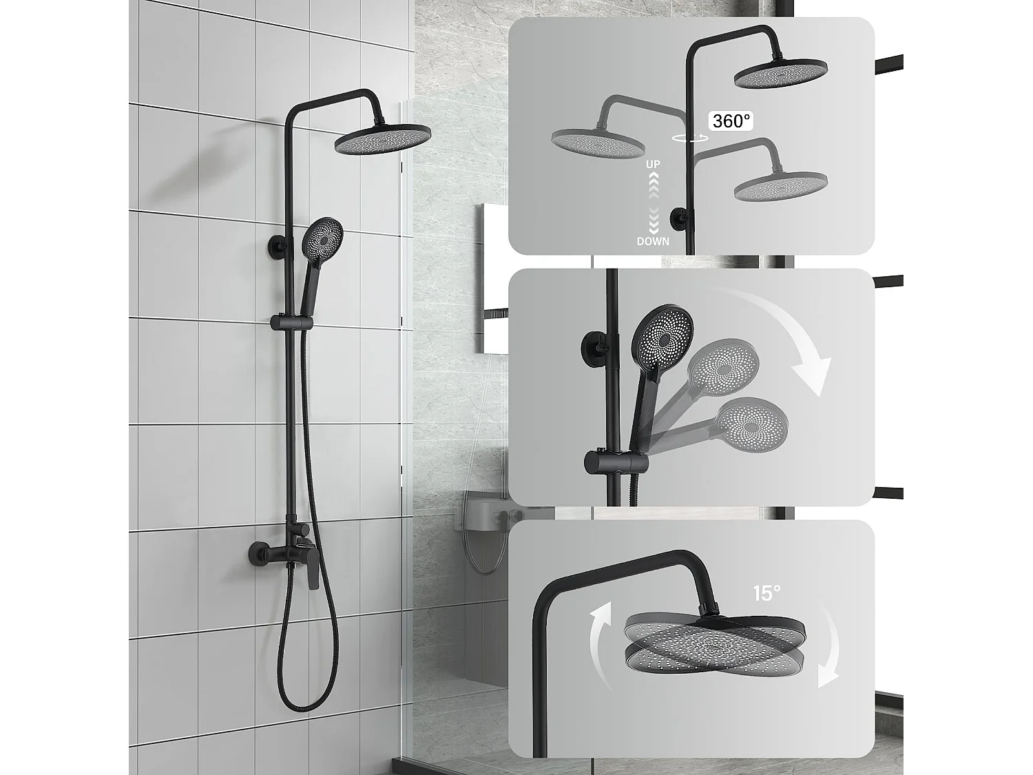 Colonne de douche avec tête de douche ronde et manchette en ABS avec 3 jets, Noir