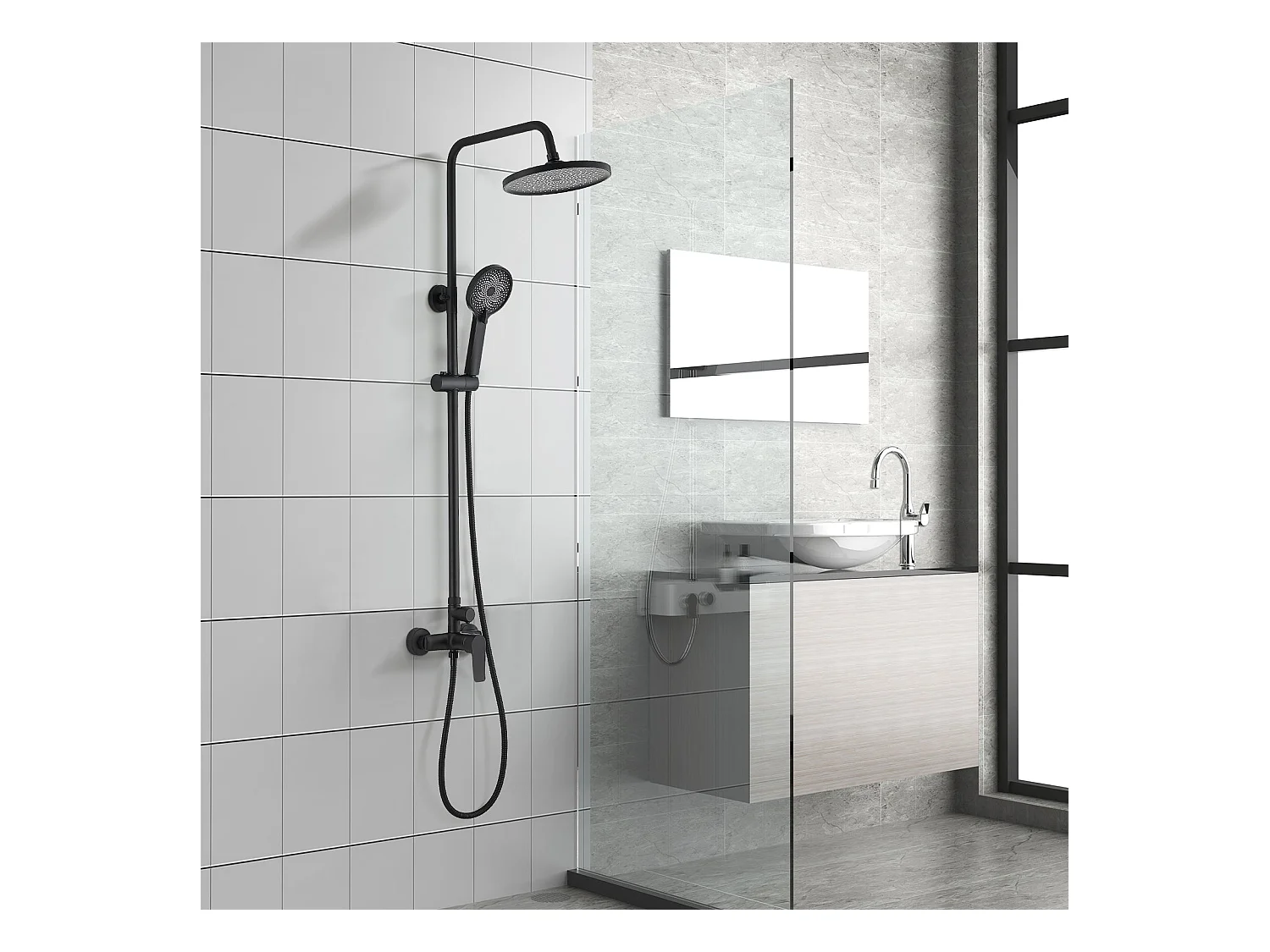 Colonne de douche avec tête de douche ronde et manchette en ABS avec 3 jets, Noir