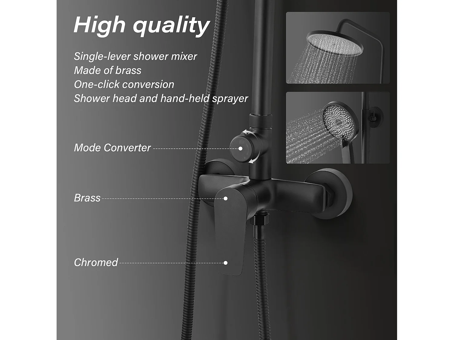 Colonne de douche avec tête de douche ronde et manchette en ABS avec 3 jets, Noir