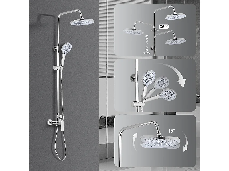 Colonne de douche avec tête de douche ronde et manchette en ABS avec 3 jets, Argent