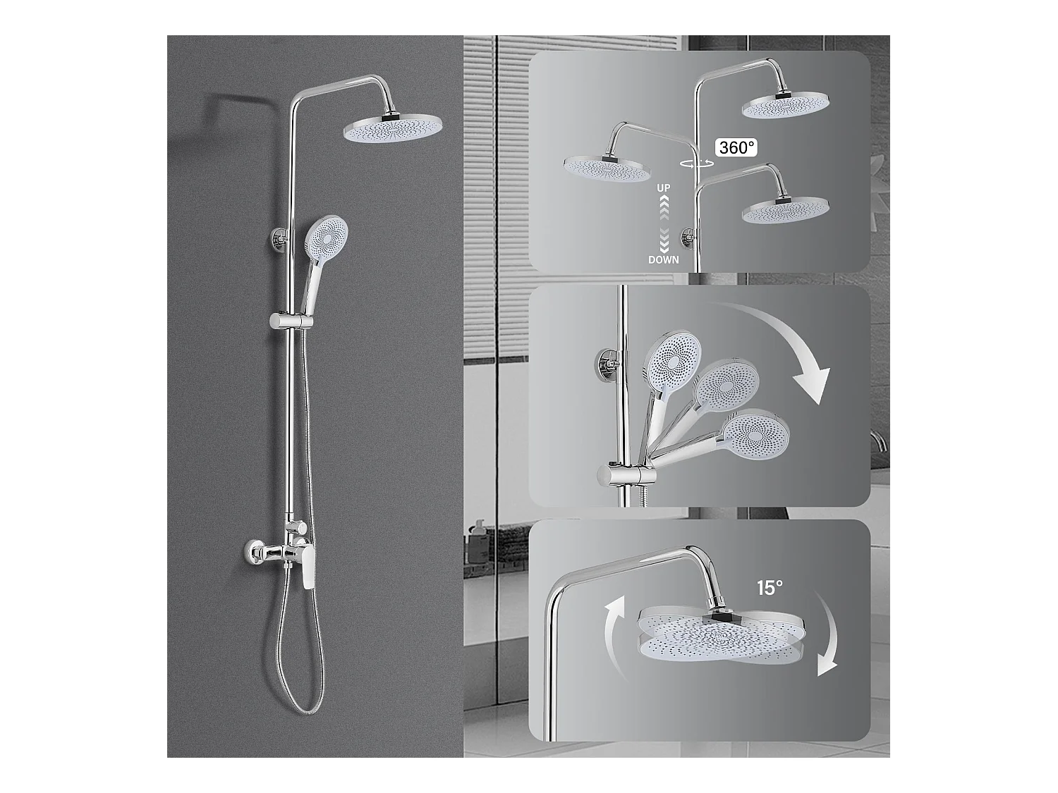 Colonne de douche avec tête de douche ronde et manchette en ABS avec 3 jets, Argent