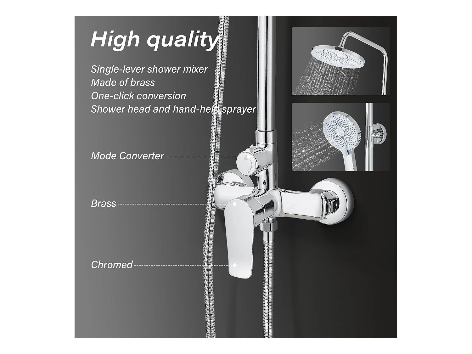 Colonne de douche avec tête de douche ronde et manchette en ABS avec 3 jets, Argent