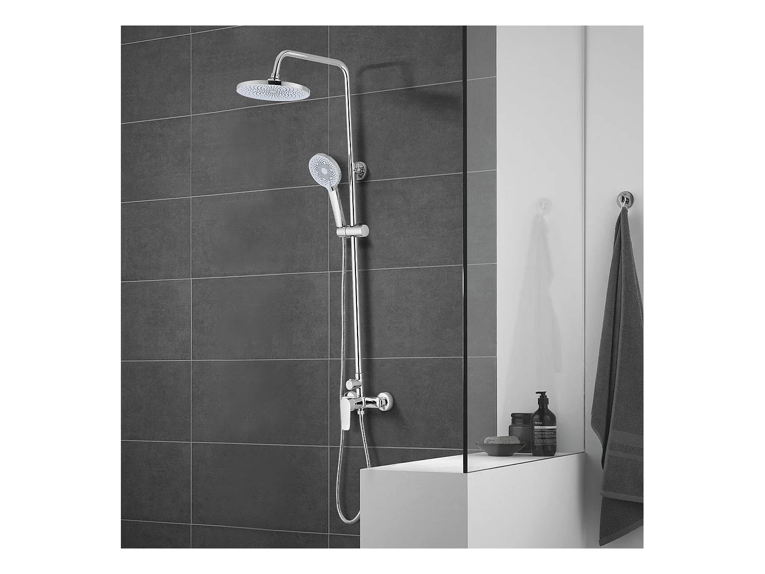 Colonne de douche avec tête de douche ronde et manchette en ABS avec 3 jets, Argent